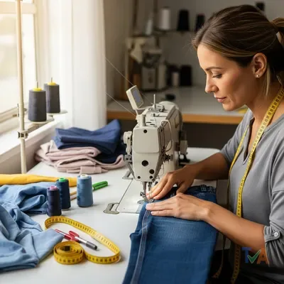Skilled seamstress hemming a garment on an industrial sewing machine — Australia