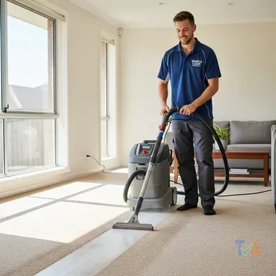 Carpet cleaning technician steam-cleaning a residential lounge-room carpet — Australia