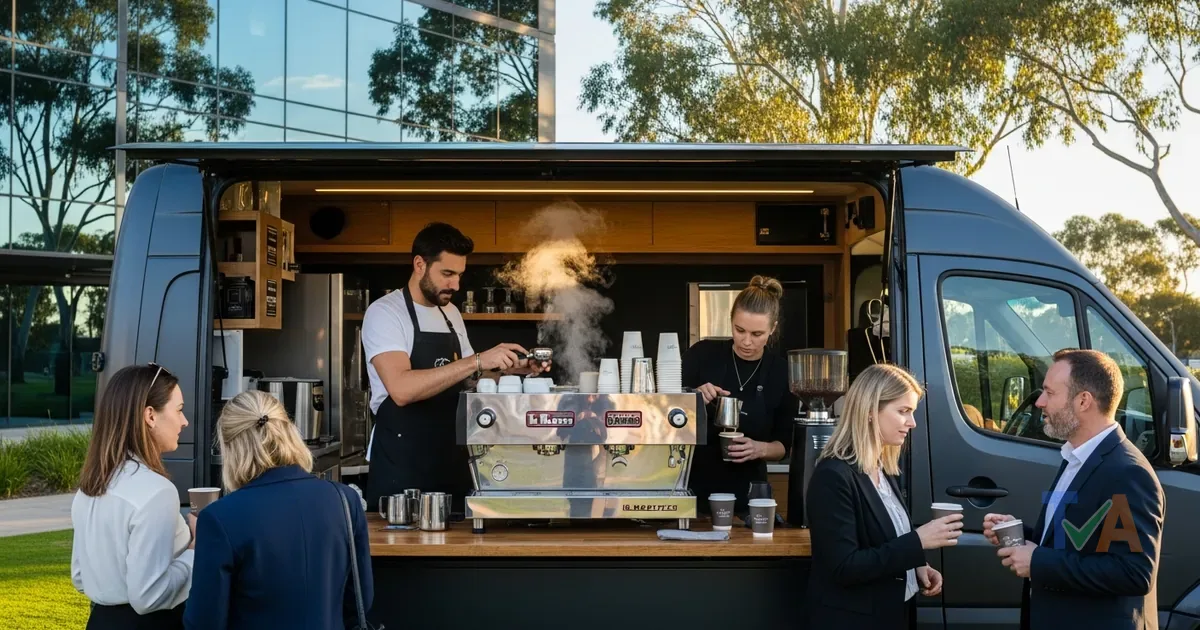 Mobile coffee van with barista pulling espresso shots at a corporate event — Australia