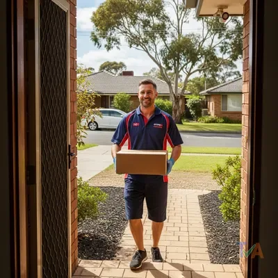 Australian courier delivering parcel to a suburban front door — Australia