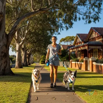 Friendly Australian dog walker handling two dogs on a leafy suburban footpath — Australia