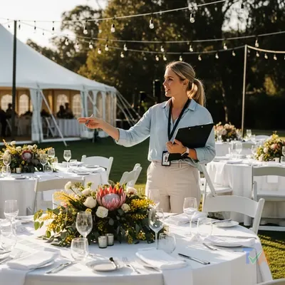 Event planner styling an elegant outdoor wedding reception at golden hour — Australia