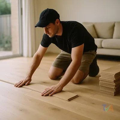 Flooring specialist installing hardwood floors in living room — Australia