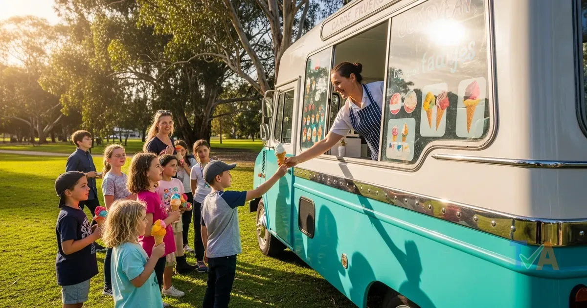 Ice cream truck serving soft-serve cones to children at a community event — Australia