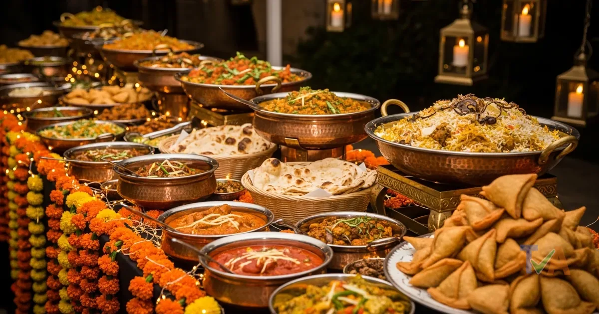 Authentic Indian catering buffet with curries and breads at a wedding — Australia