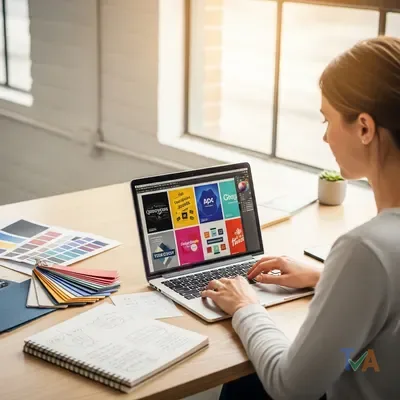 Australian graphic designer working on brand mockups at a sunlit studio desk — Australia