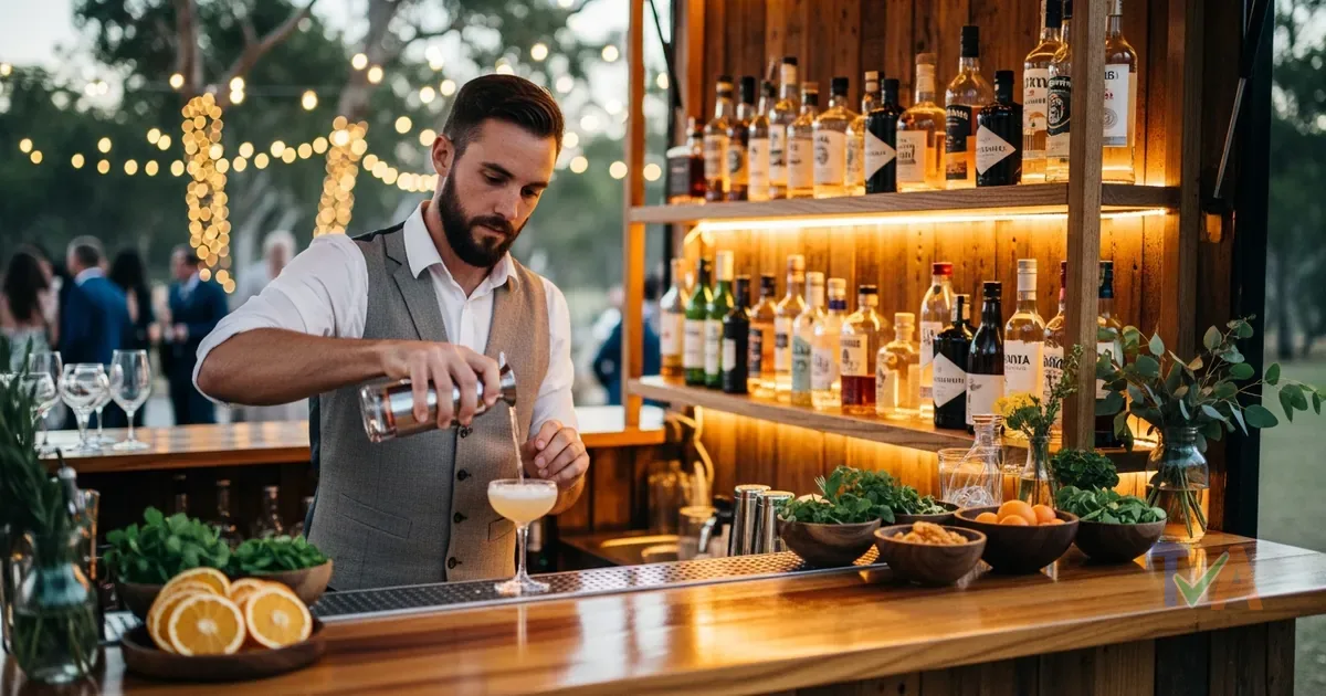 Mobile bar with licensed bartender pouring cocktails at an Australian wedding — Australia