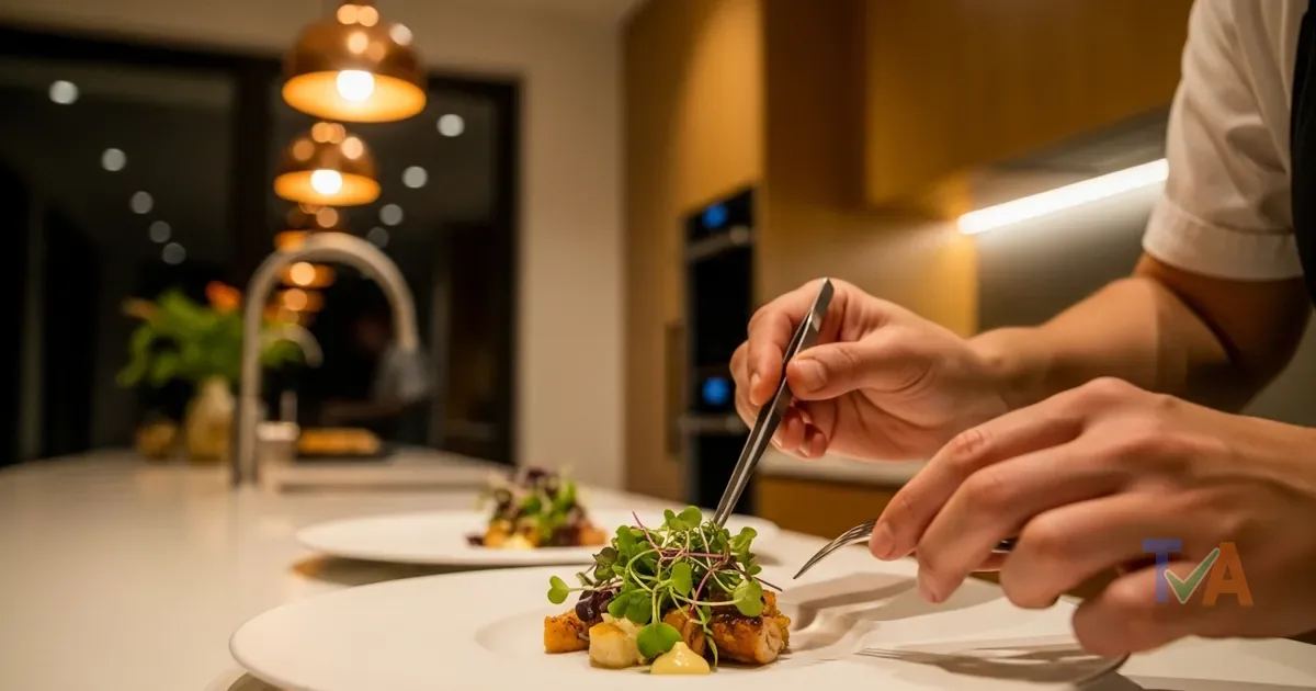 Private chef plating a multi-course dinner in an Australian home kitchen — Australia