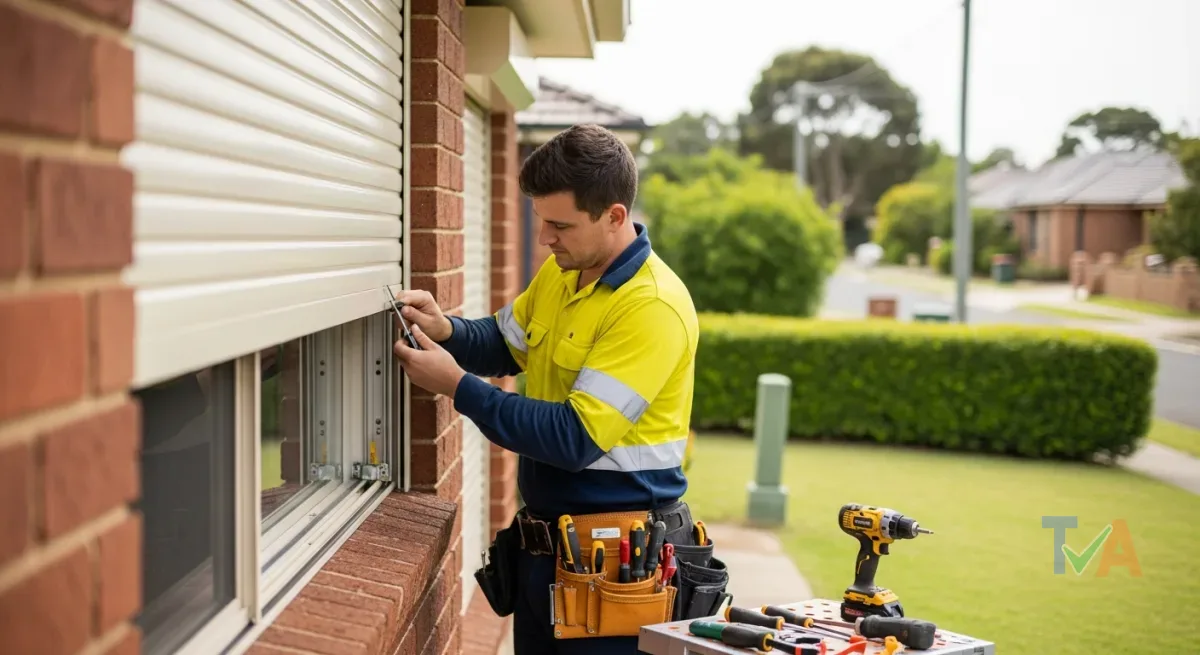 Australian tradie repairing a residential roller shutter on a brick home — Australia
