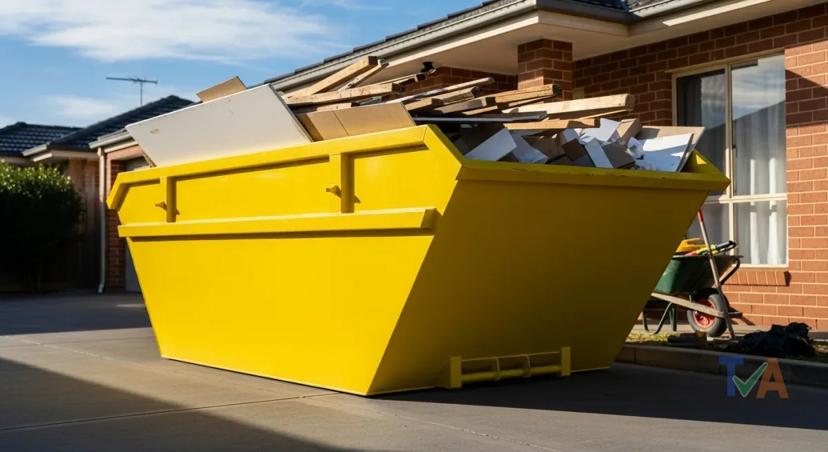 Yellow skip bin delivered to a suburban Australian driveway during a home renovation — Australia