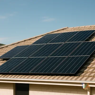 Solar panel installer mounting panels on Australian roof — Australia