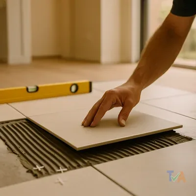Skilled tiler laying floor tiles with precision in bathroom — Australia