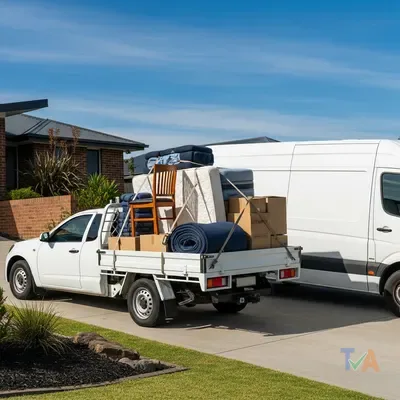 Tradie ute and moving van loaded with secured furniture on an Australian driveway — Australia