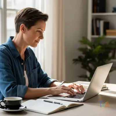 Australian copywriter typing on laptop in a bright home office — Australia