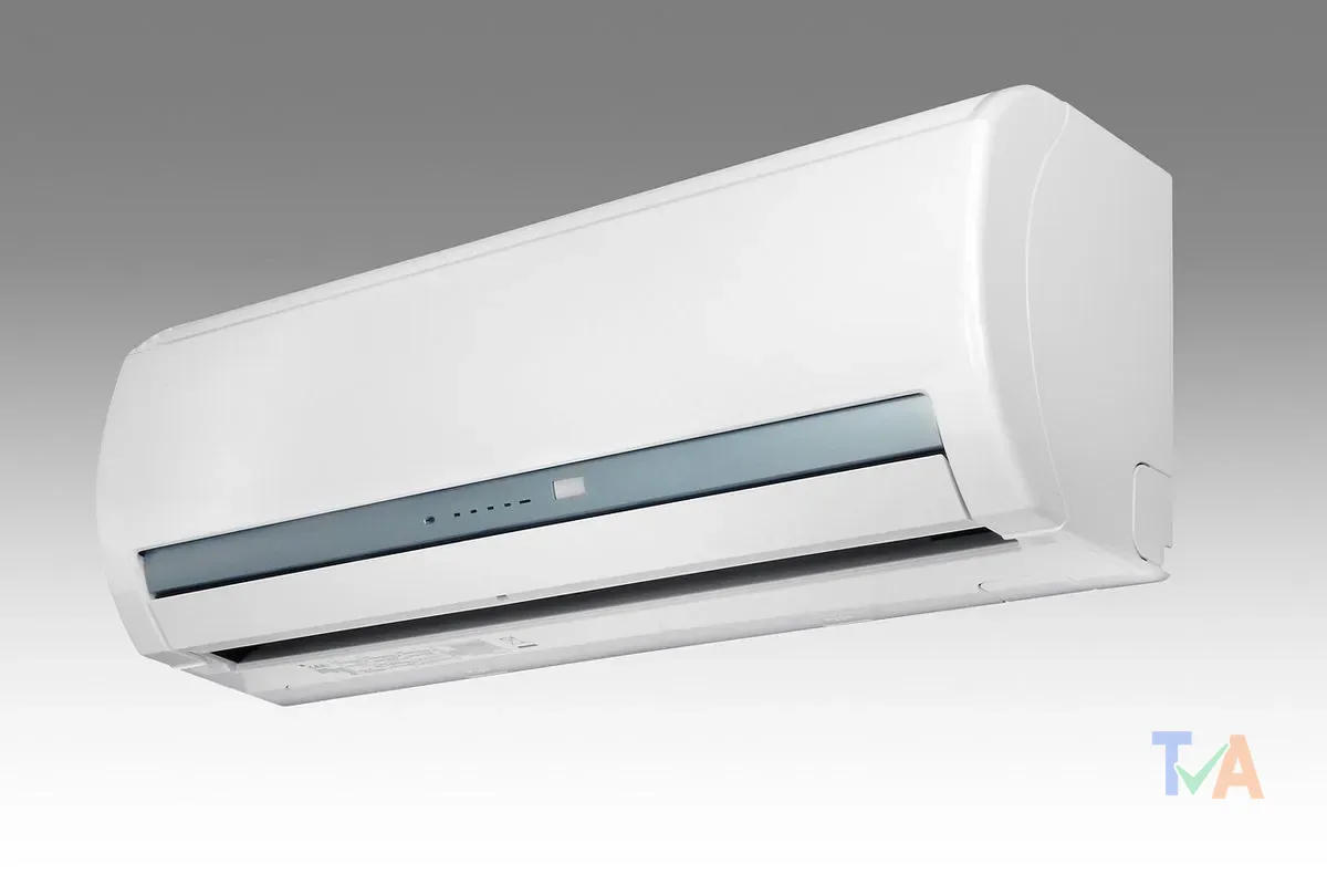 Split system air conditioner mounted on wall in modern Australian living room